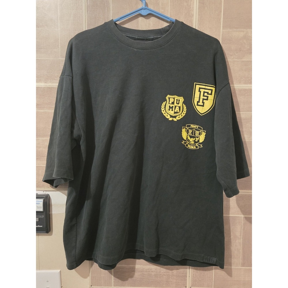 FU Puma x Rihanna Fenty University Logo T-Shirt Black Yellow Womens XS Crop Top